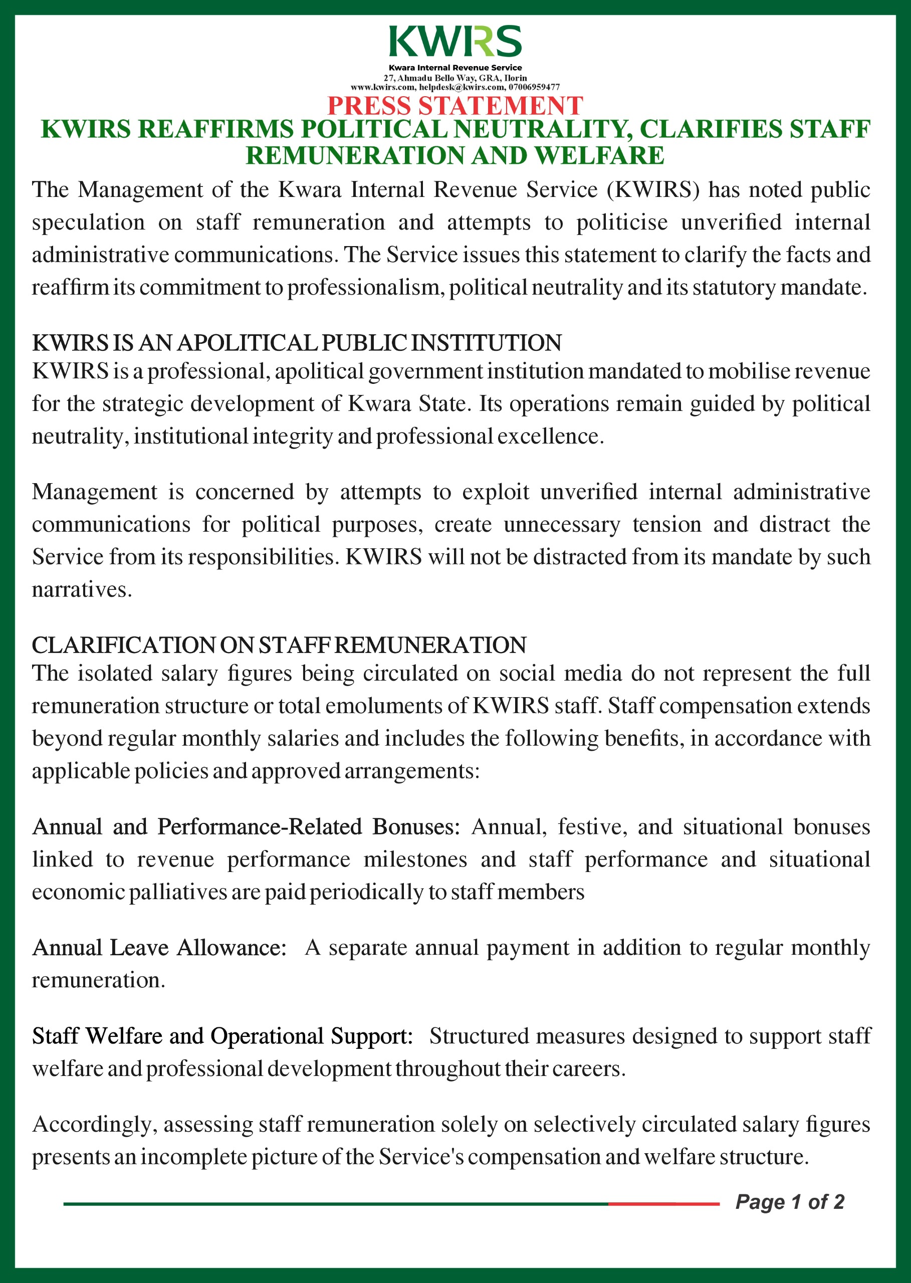 KWIRS REAFFIRMS POLITICAL NEUTRALITY, CLARIFIES STAFF REMUNERATION AND WELFARE